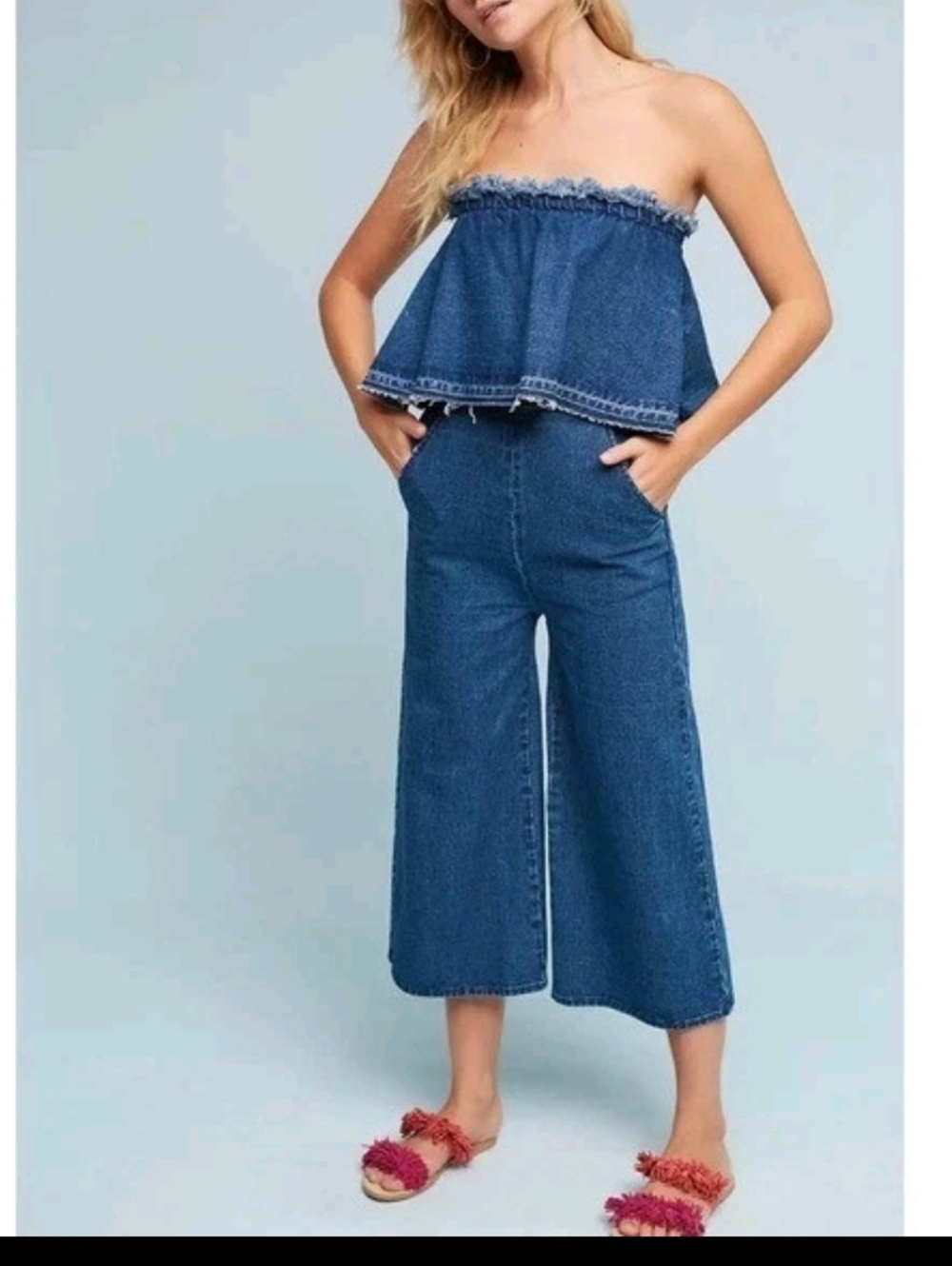 Anthropologie Hei Hei Strapless Tiered Cropped Wide-Leg Denim Jumpsuit Size XS - Picture 5 of 15